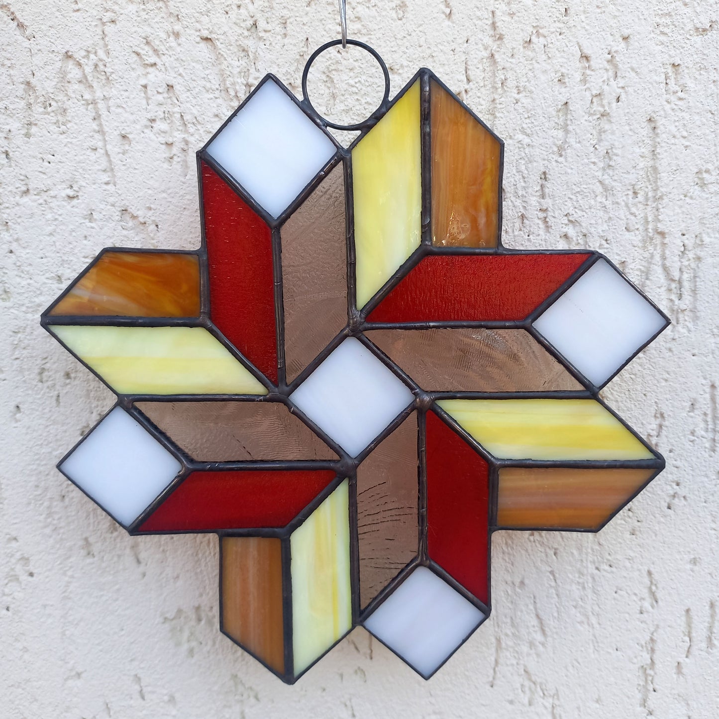 Geometric Quilt Star Stained Glass Suncatcher 3D Optical Illusion in Fall Colors