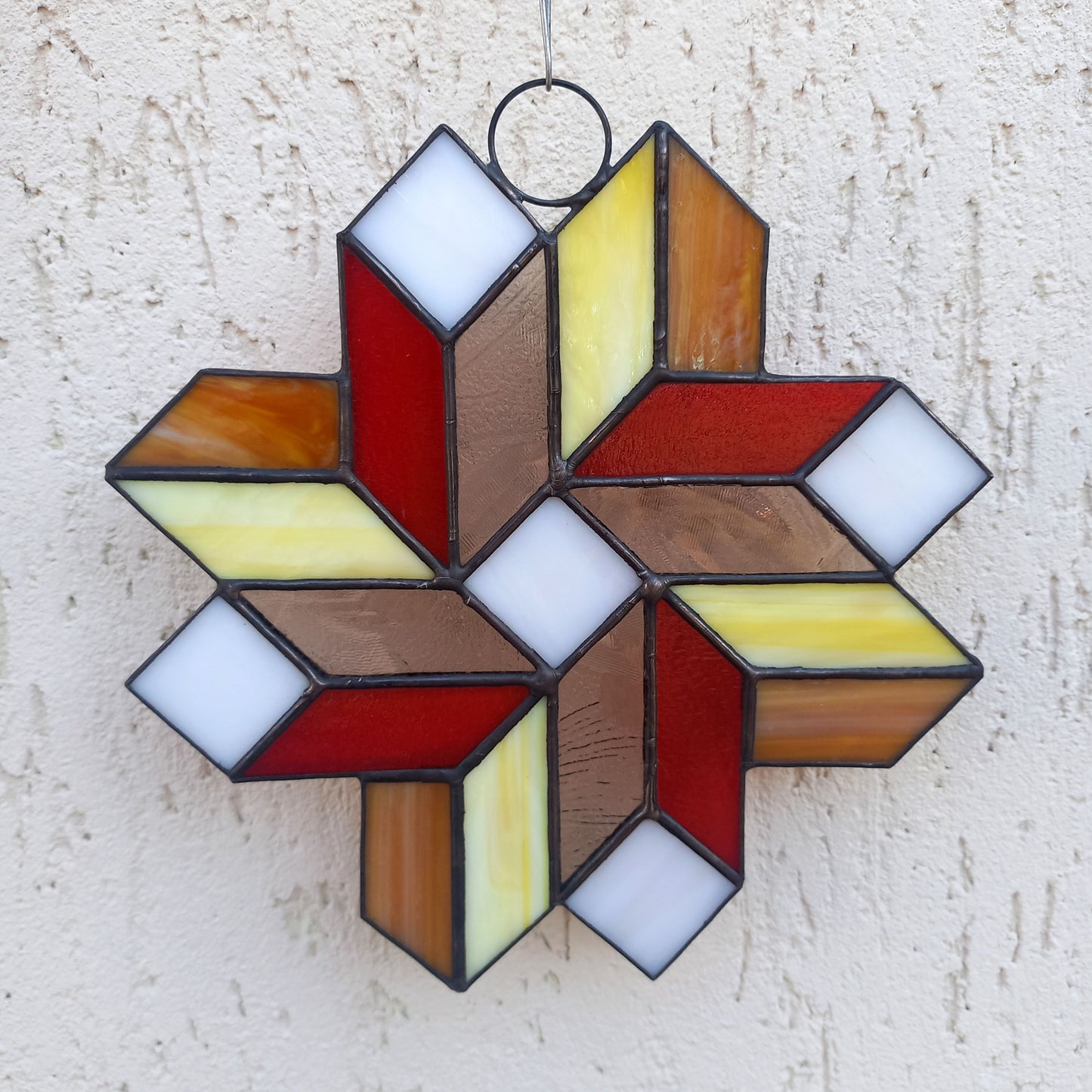Geometric Quilt Star Stained Glass Suncatcher 3D Optical Illusion in Fall Colors
