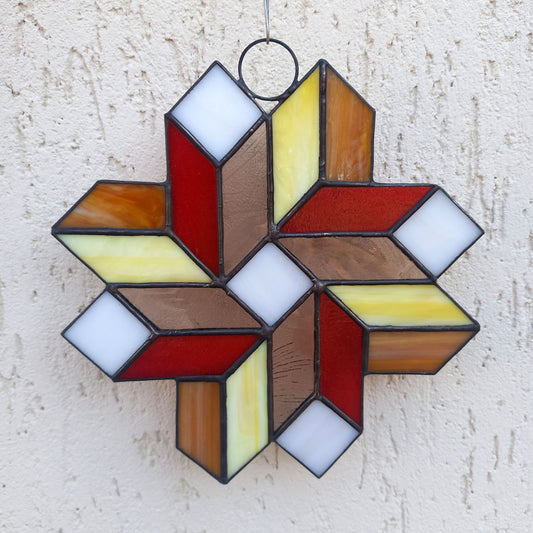 Geometric Quilt Star Stained Glass Suncatcher 3D Optical Illusion in Fall Colors