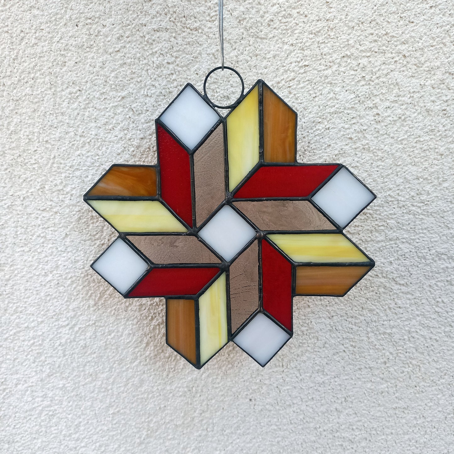 Geometric Quilt Star Stained Glass Suncatcher 3D Optical Illusion in Fall Colors