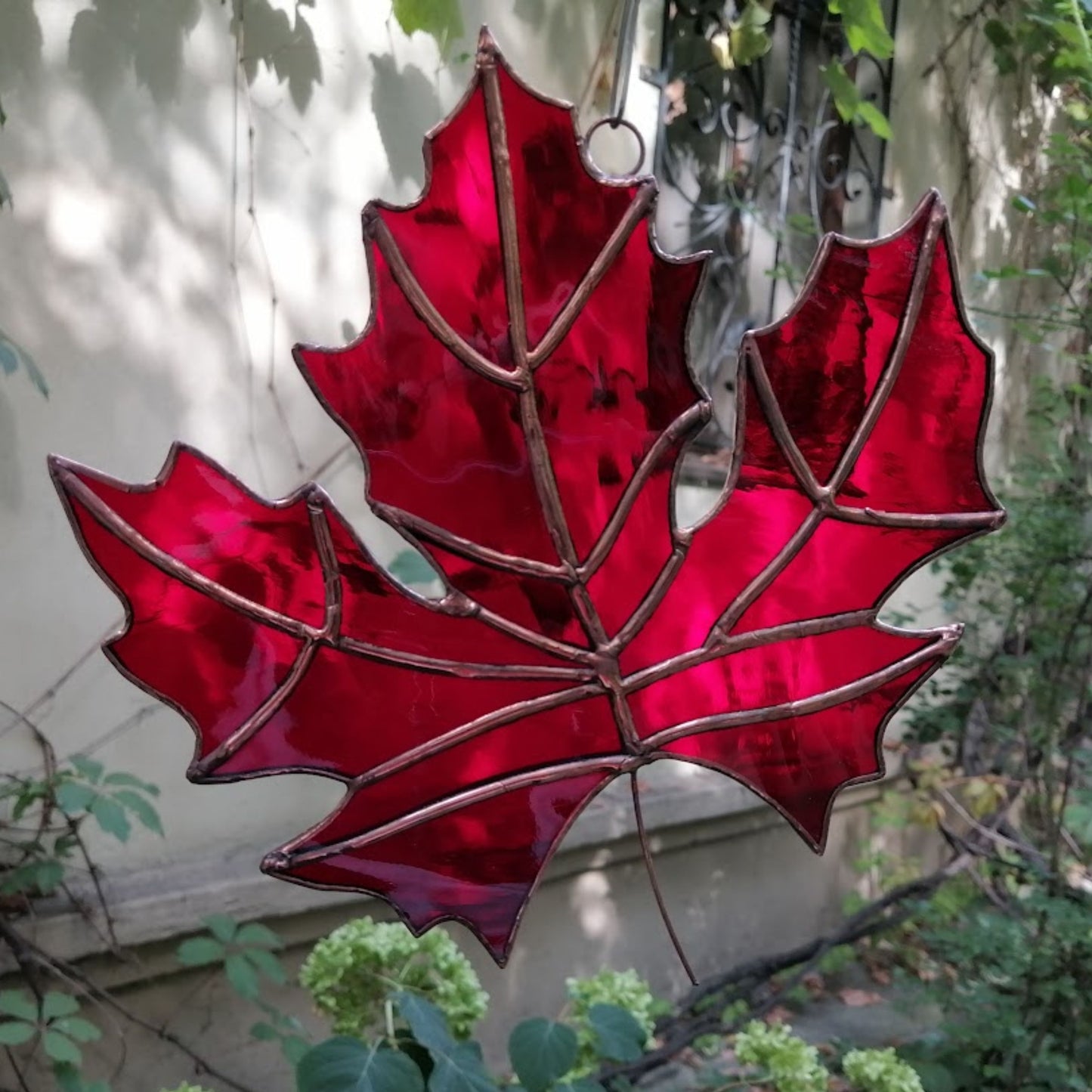 Red Maple Leaf Stained Glass Suncatcher