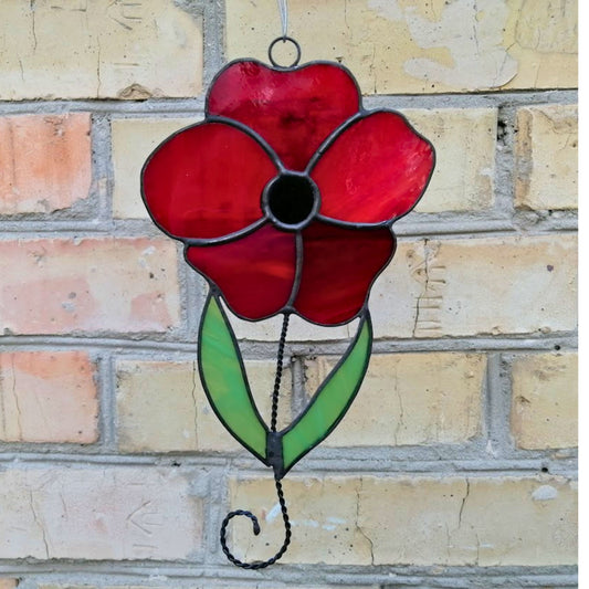 Red Poppy on Stem Stained Glass Suncatcher