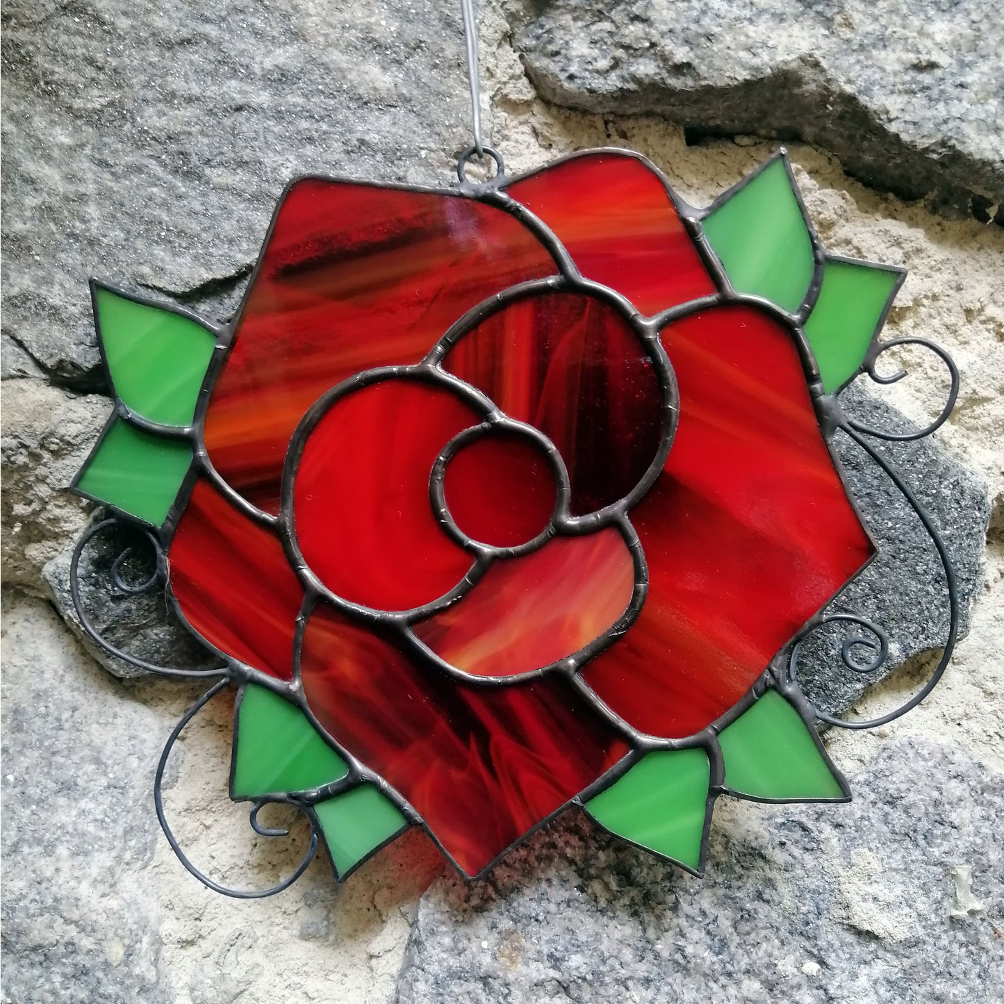 Handmade Red Rose Stained Glass Suncatcher