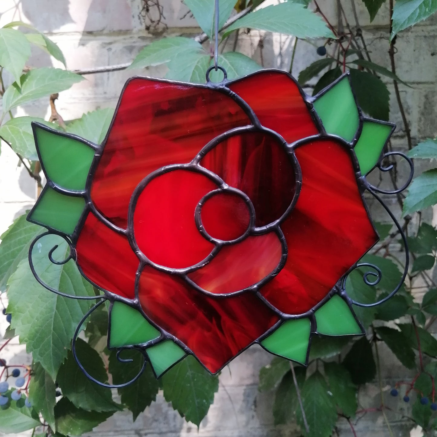 Handmade Red Rose Stained Glass Suncatcher