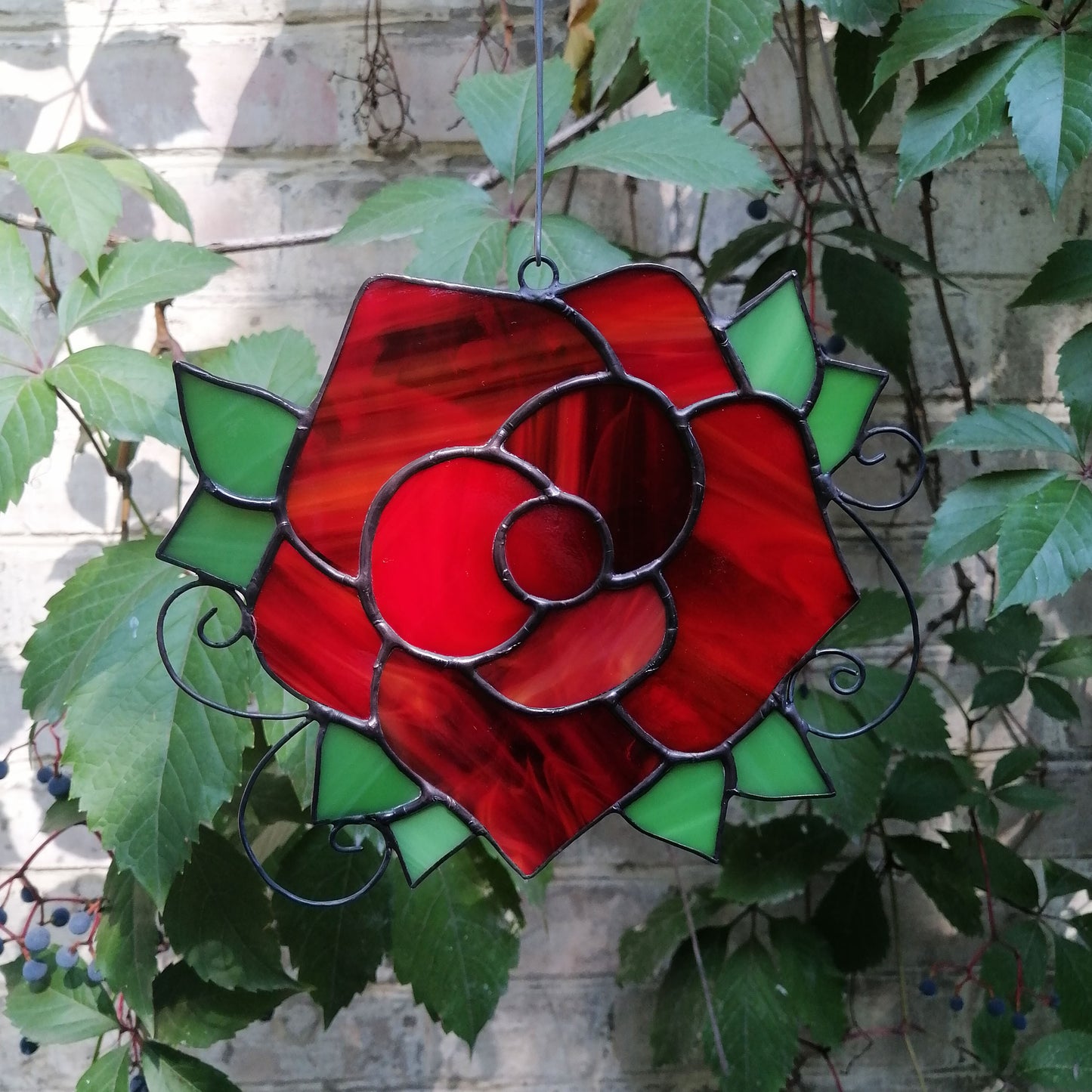 Handmade Red Rose Stained Glass Suncatcher