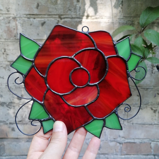 Handmade Red Rose Stained Glass Suncatcher