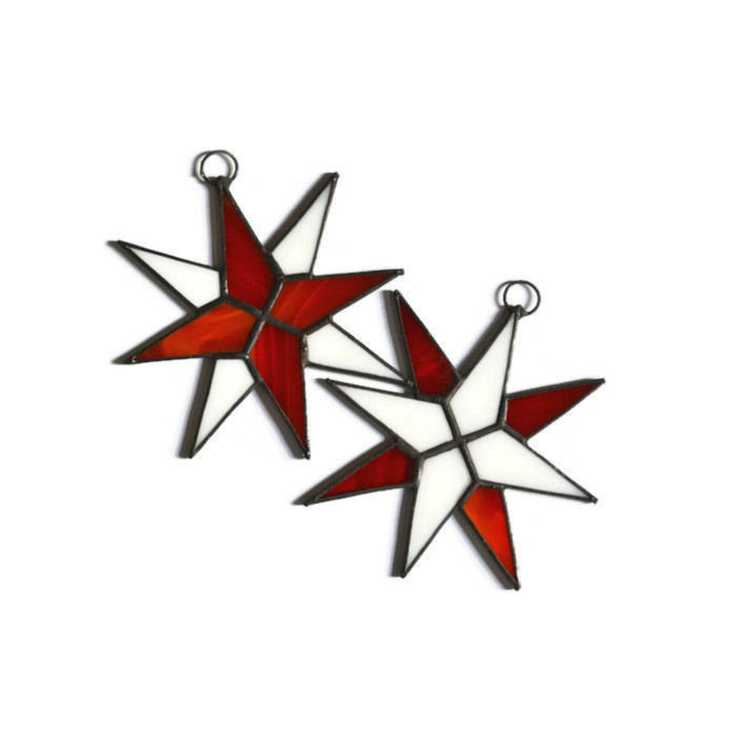 Christmas Star Stained Glass Ornaments Set of 2 Red White