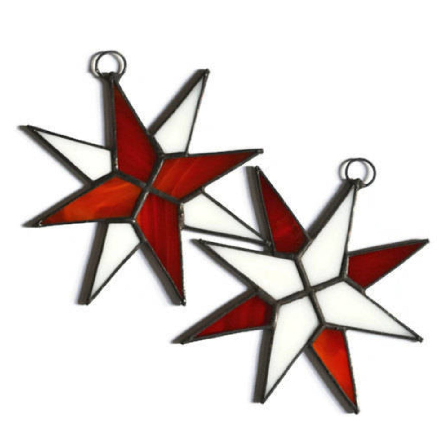 Christmas Star Stained Glass Ornaments Set of 2 Red White