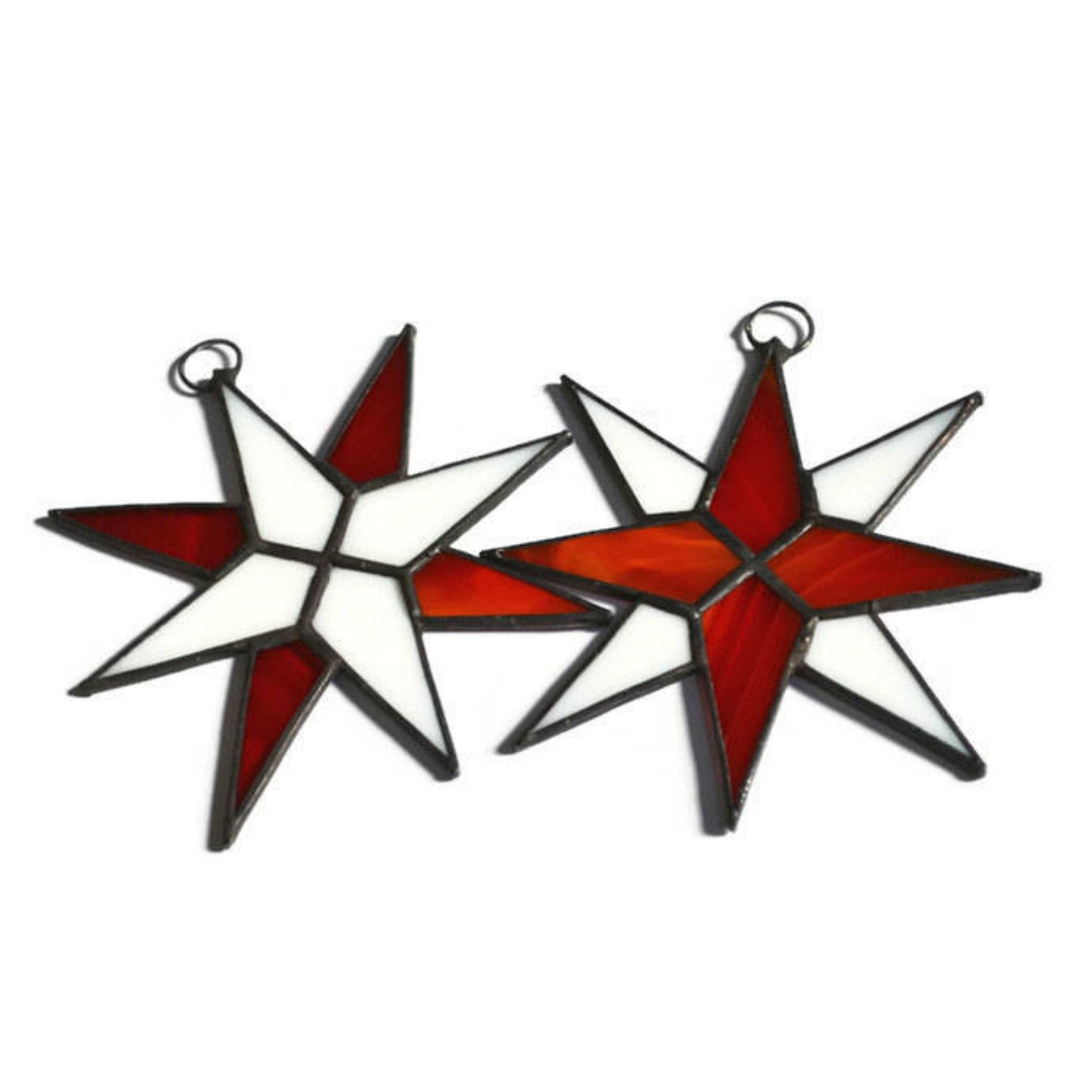 Christmas Star Stained Glass Ornaments Set of 2 Red White