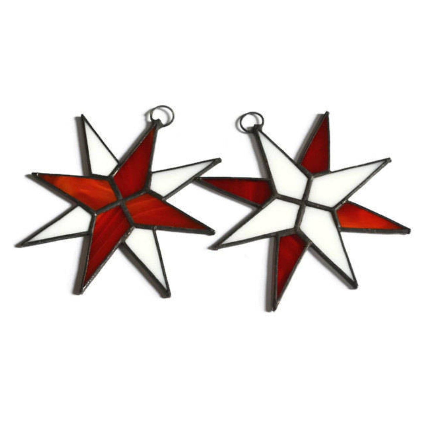 Christmas Star Stained Glass Ornaments Set of 2 Red White