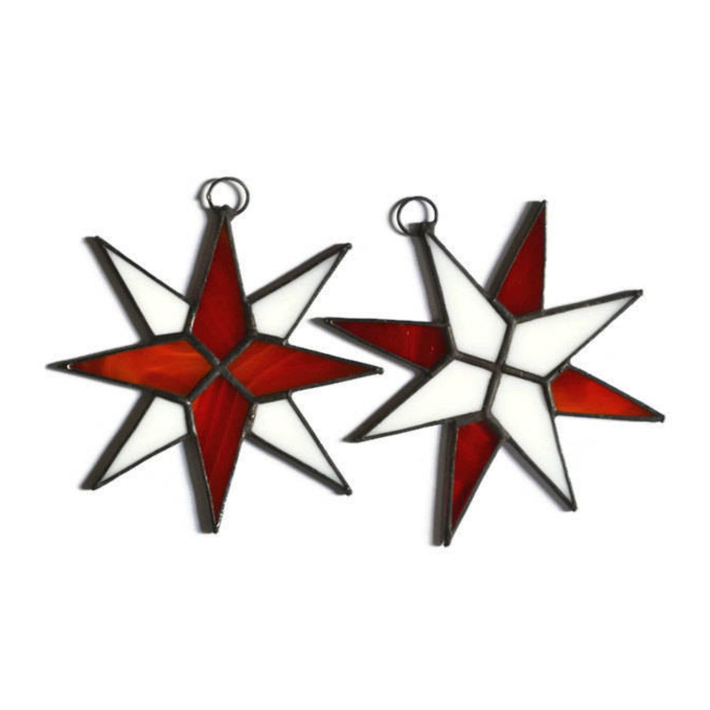 Christmas Star Stained Glass Ornaments Set of 2 Red White