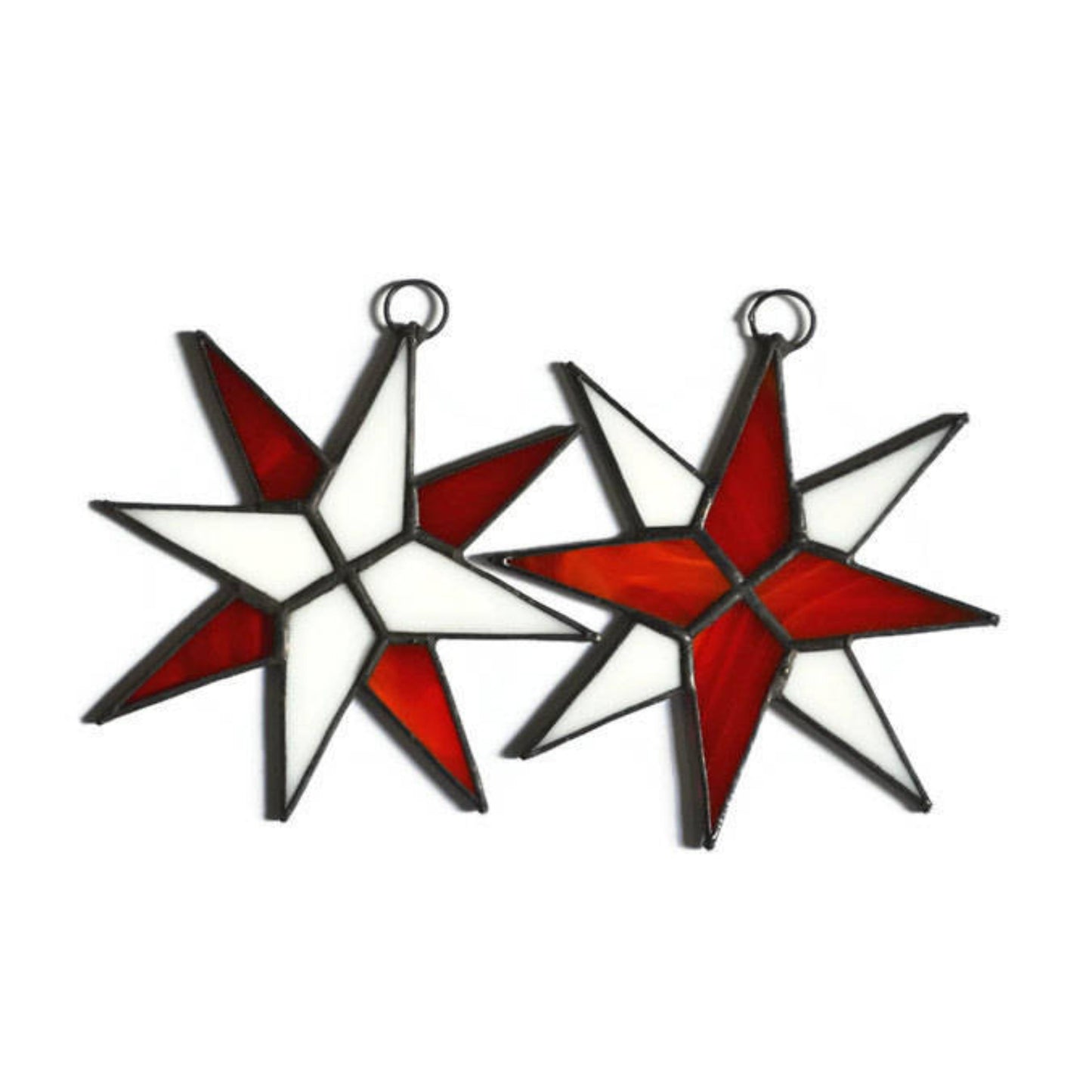 Christmas Star Stained Glass Ornaments Set of 2 Red White