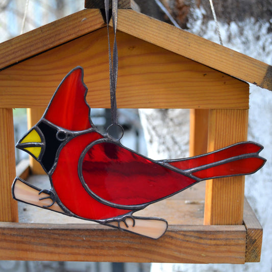 Red Cardinal Bird Stained Glass Suncatcher