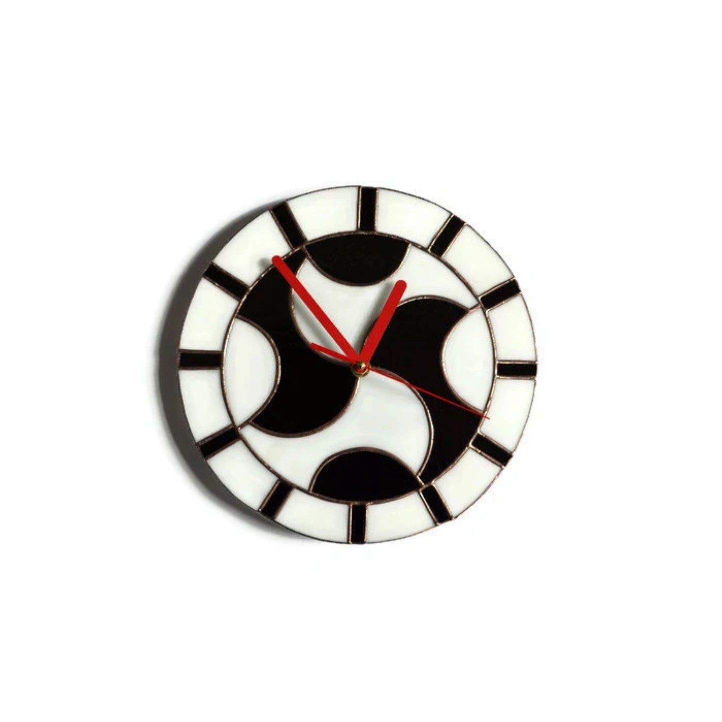 Retro Round Stained Glass Wall Clock Black and White 10 Inch