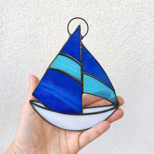 Stained Glass Sailboat Suncatcher with Blue Sails