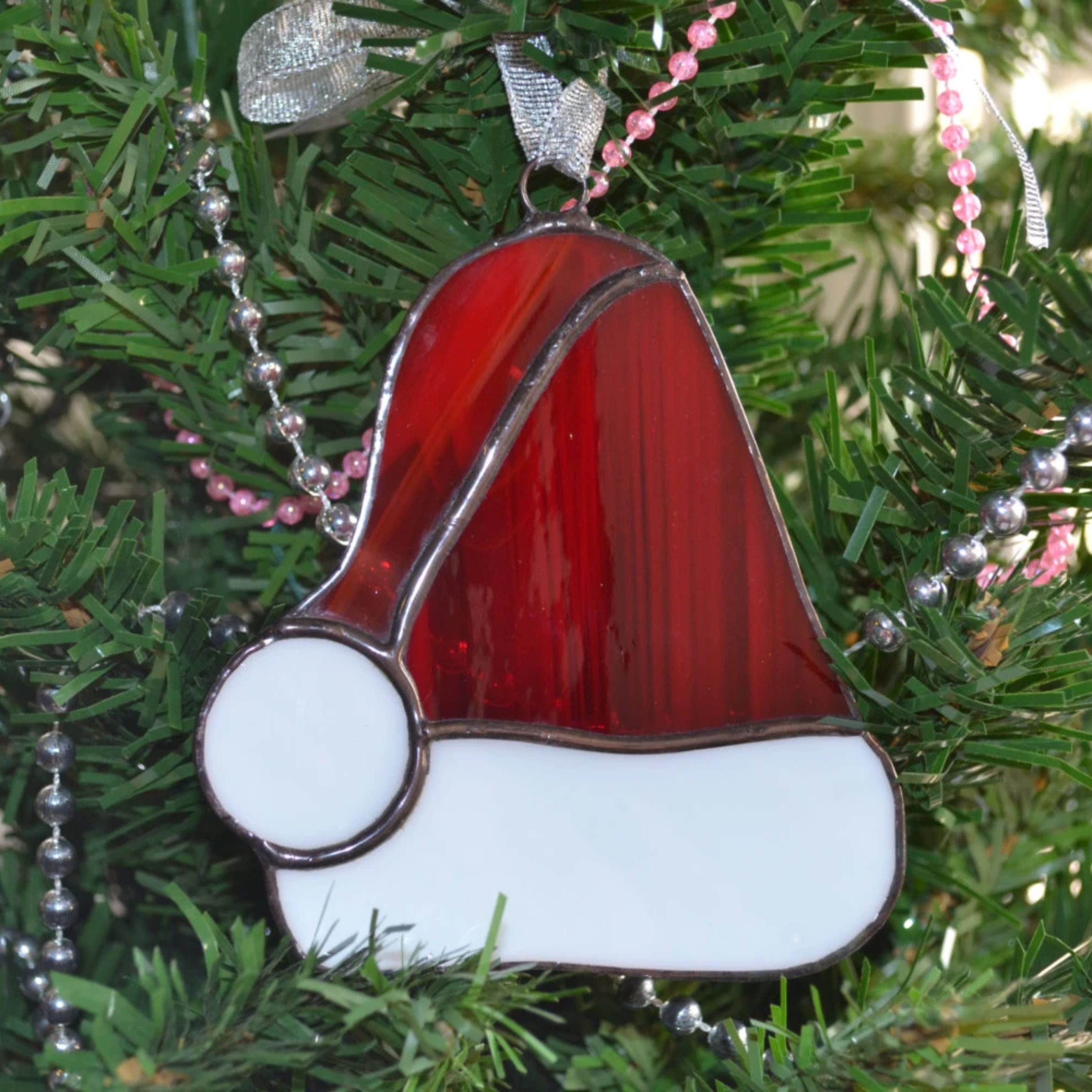 Stained Glass Christmas Tree with outlet Santa Hat Ornament Sun Catcher