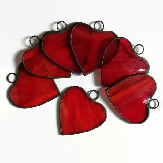 Small Little Red Hearts Stained Glass Suncatcher Ornaments Set of 7