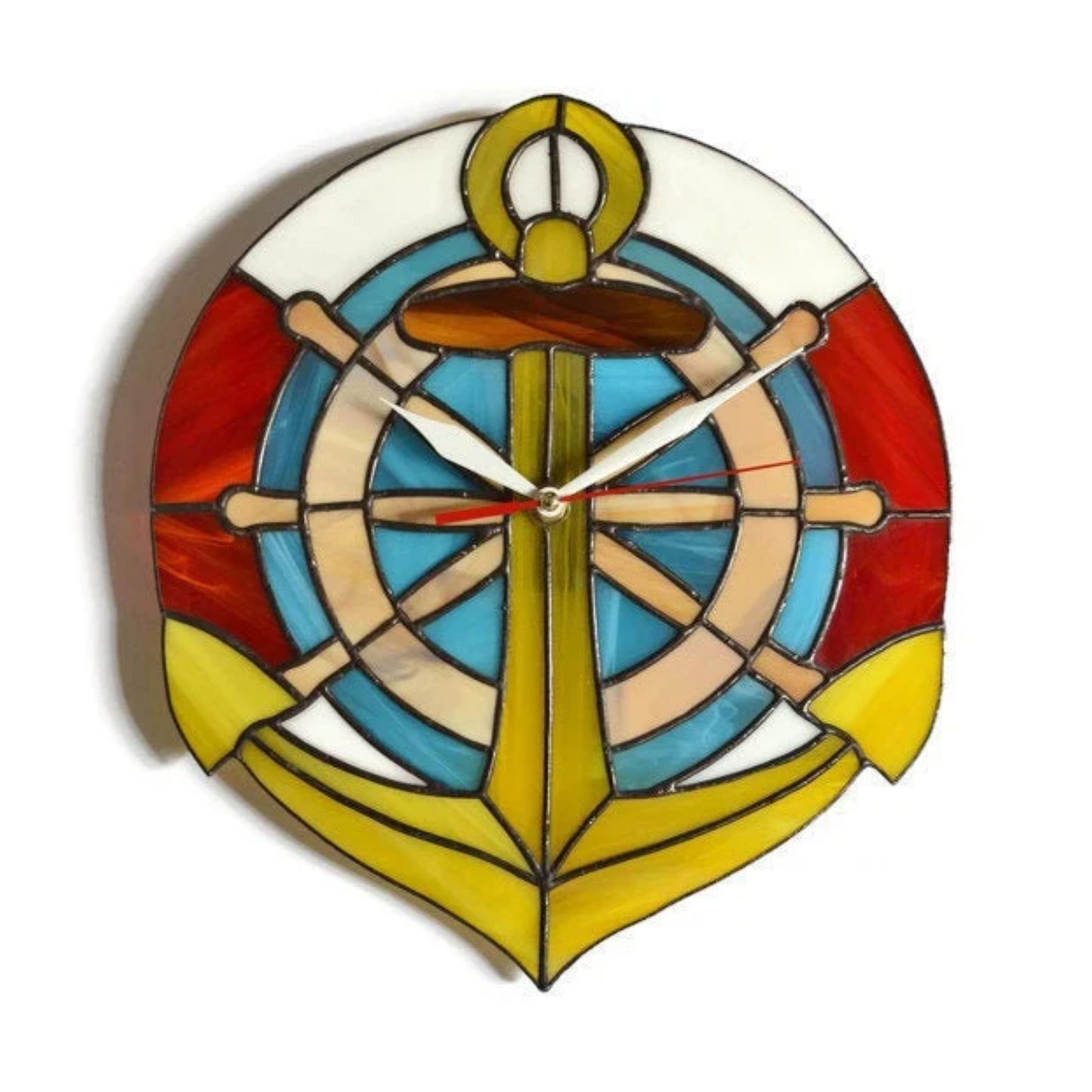 Stained Glass Boat Theme Wall Clock with Anchor and Ship Wheel