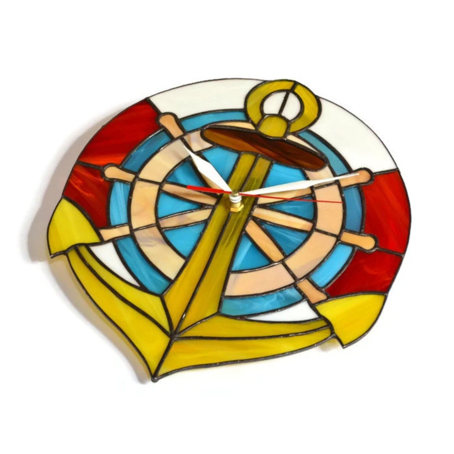 Stained Glass Boat Theme Wall Clock with Anchor and Ship Wheel