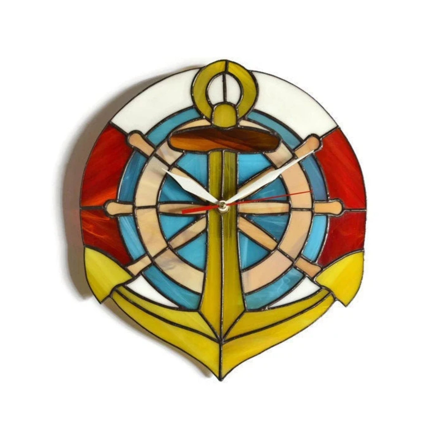 Stained Glass Boat Theme Wall Clock with Anchor and Ship Wheel