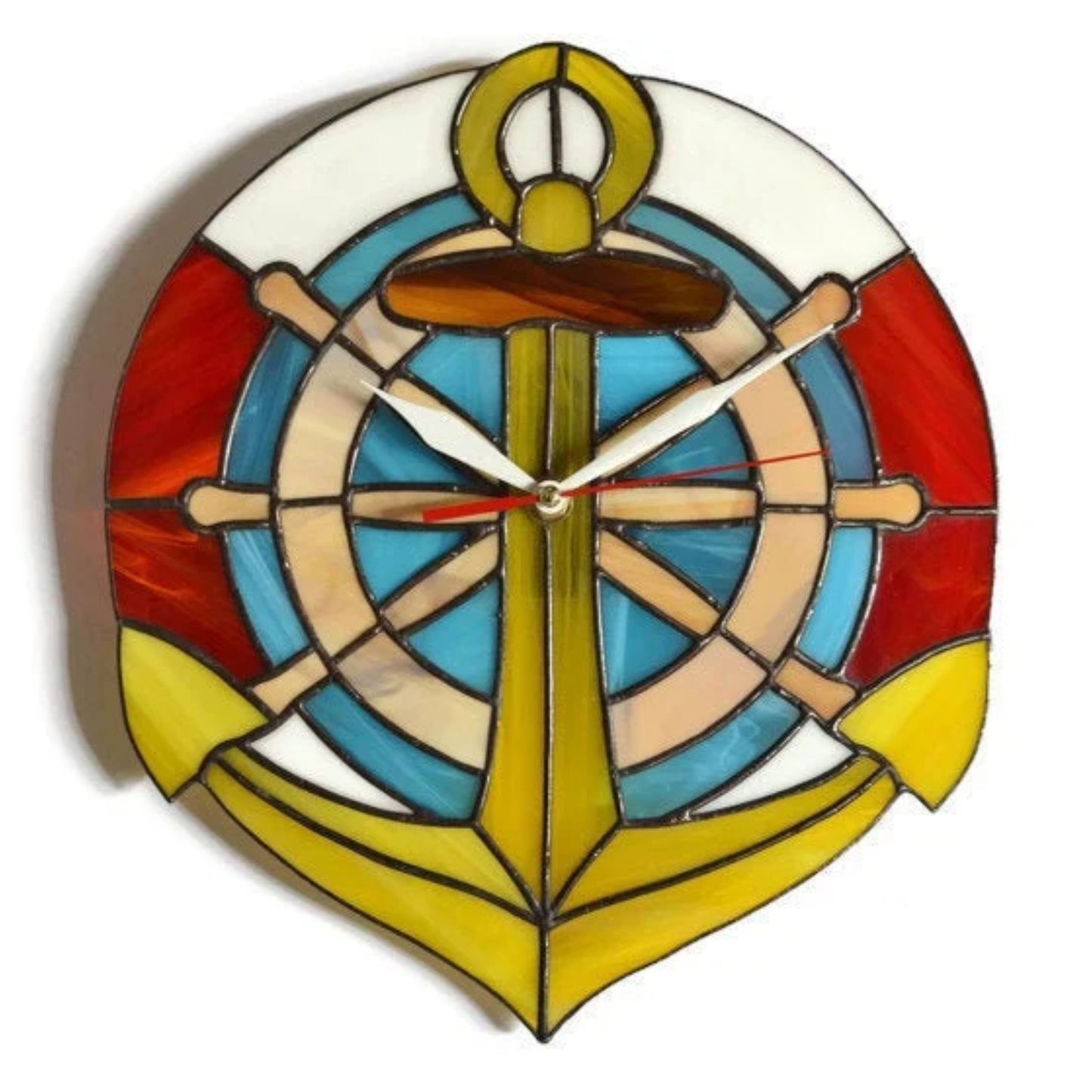 Stained Glass Boat Theme Wall Clock with Anchor and Ship Wheel