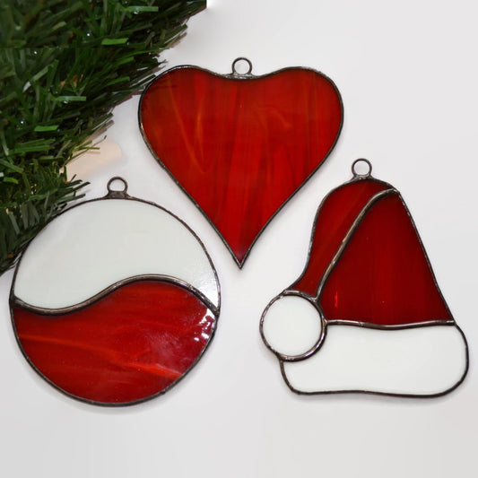 Set of 3 Stained Glass Christmas Ornaments Heart, Bulb and Santa Hat