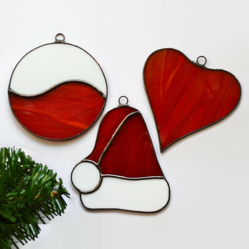 Set of 3 Stained Glass Christmas Ornaments Heart, Bulb and Santa Hat