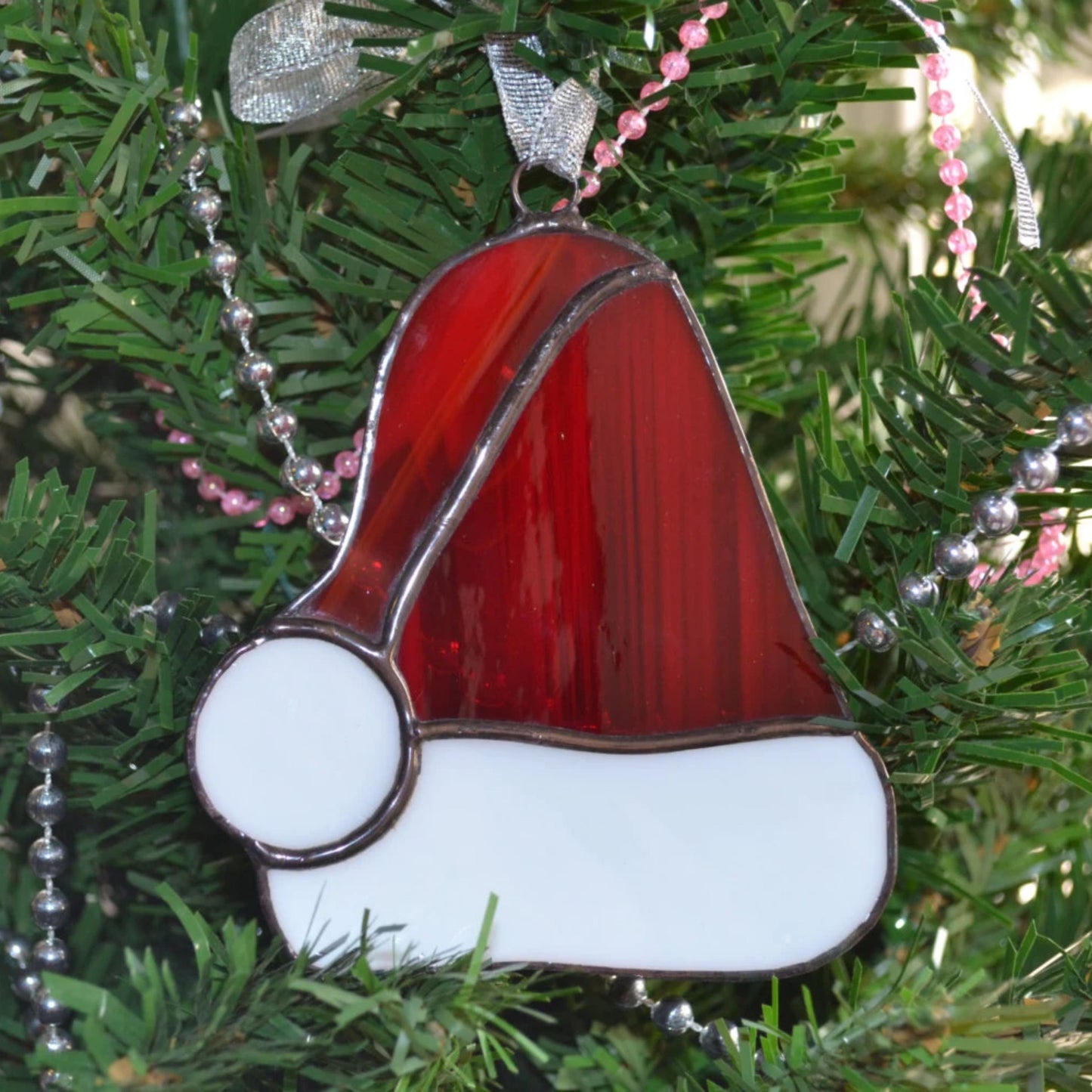 Set of 3 Stained Glass Christmas Ornaments Heart, Bulb and Santa Hat