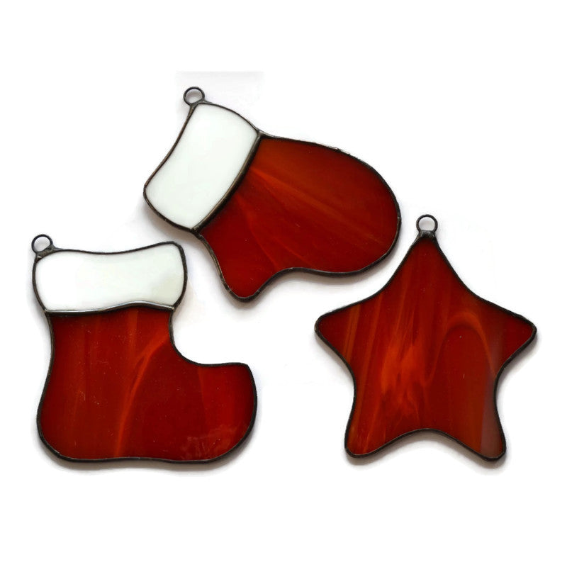 Set of 3 Stained Glass Christmas Ornaments Stocking, Mitten and Red Star