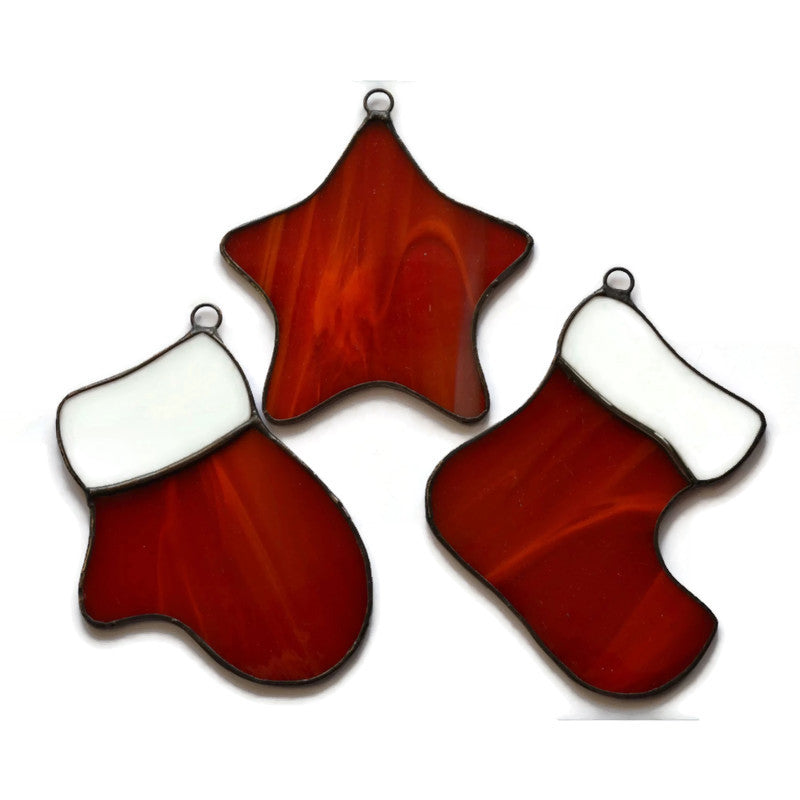 Set of 3 Stained Glass Christmas Ornaments Stocking, Mitten and Red Star