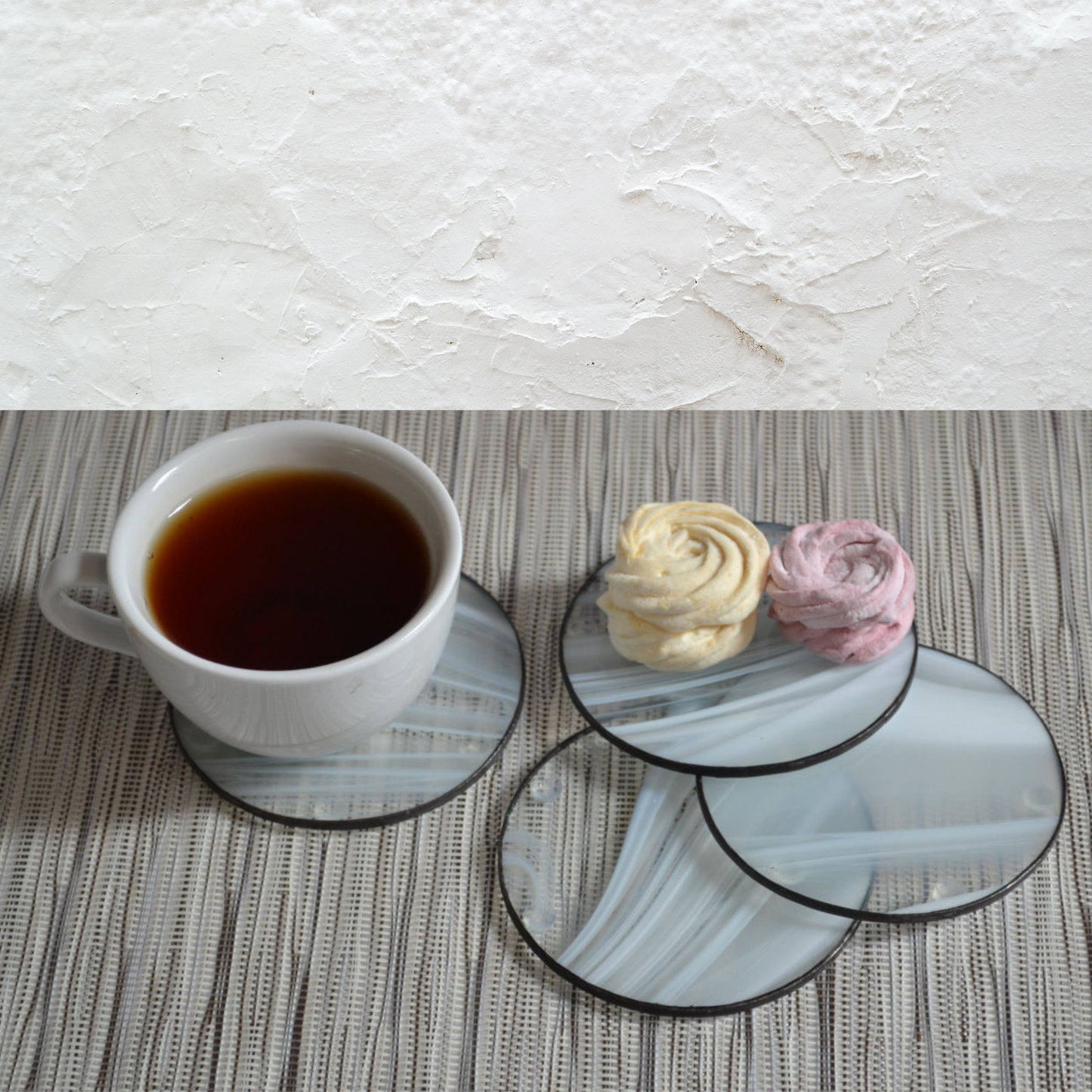 Minimalist Round Stained Glass Coasters Set of 4 White Clear