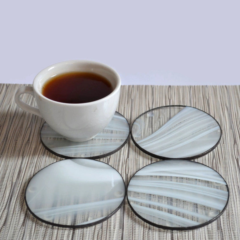 Minimalist Round Stained Glass Coasters Set of 4 White Clear