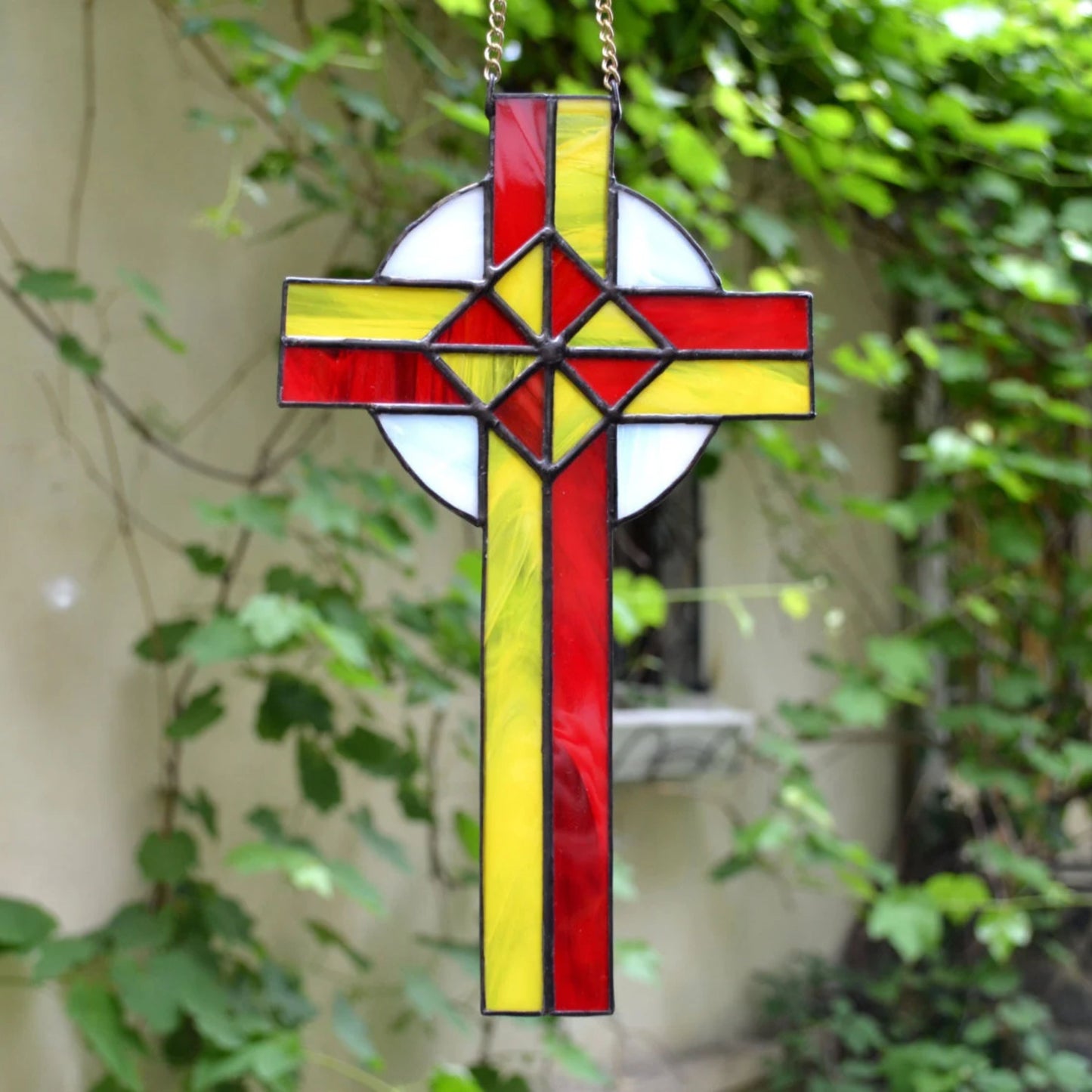 Ornamental Stained Glass Cross Suncatcher Red Yellow