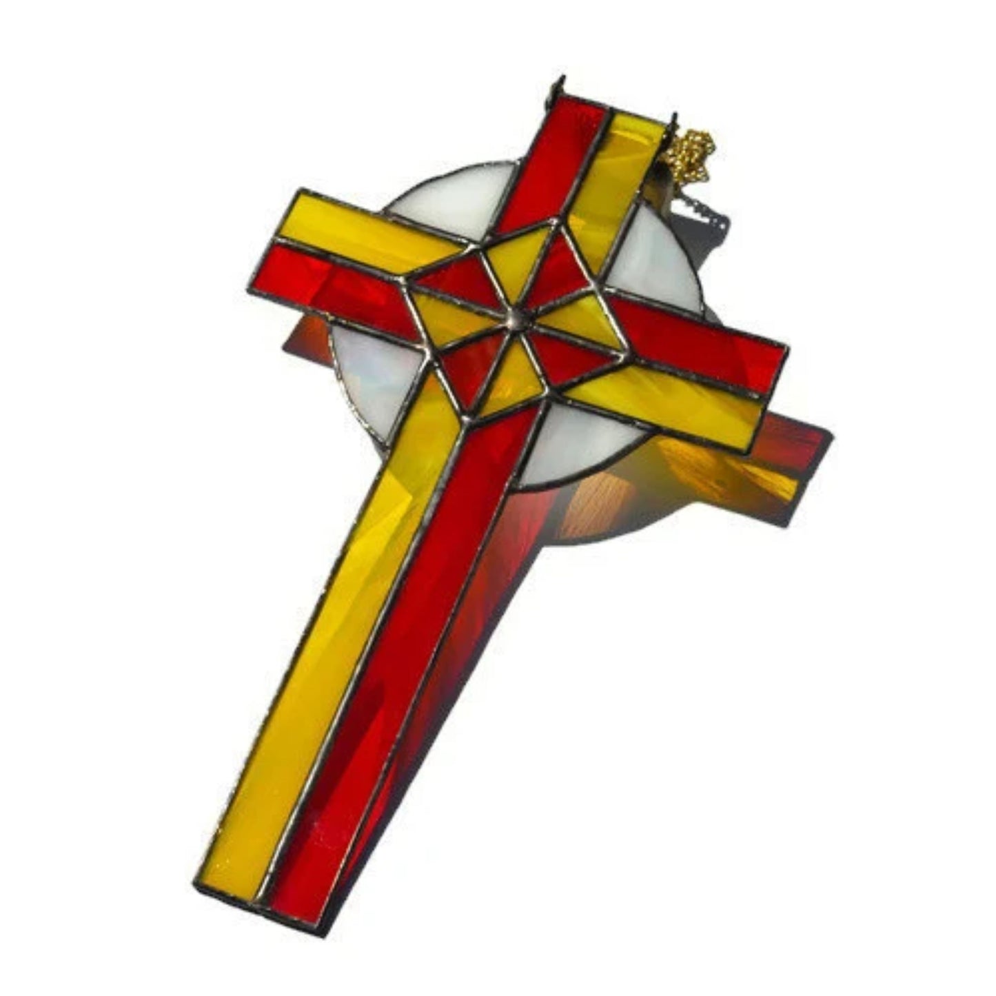 Ornamental Stained Glass Cross Suncatcher Red Yellow