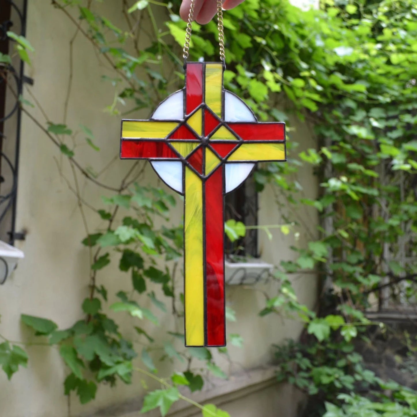 Ornamental Stained Glass Cross Suncatcher Red Yellow