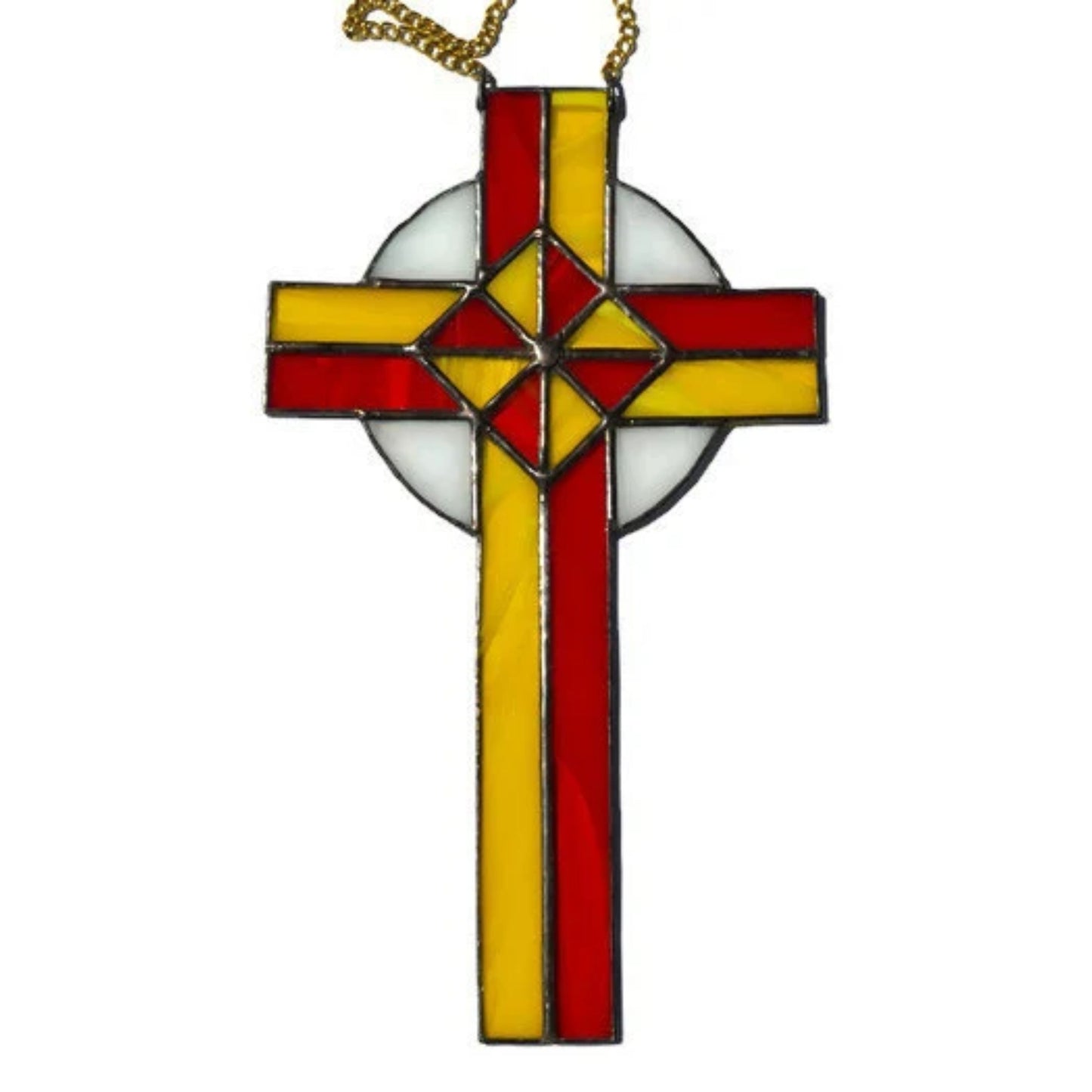 Ornamental Stained Glass Cross Suncatcher Red Yellow