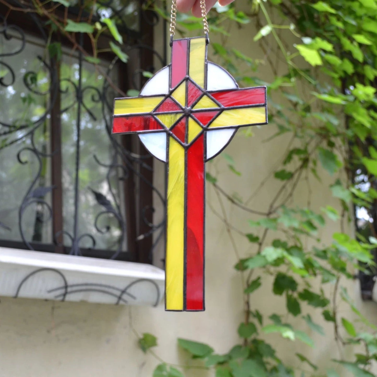 Ornamental Stained Glass Cross Suncatcher Red Yellow