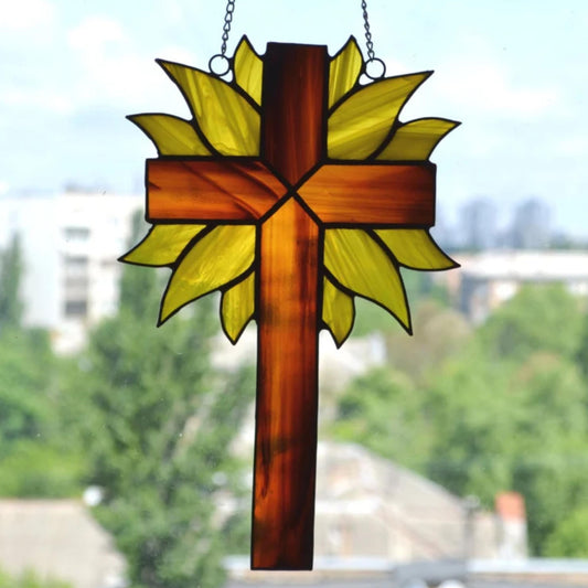 Decorative Cross with Yellow Rays Stained Glass Suncatcher