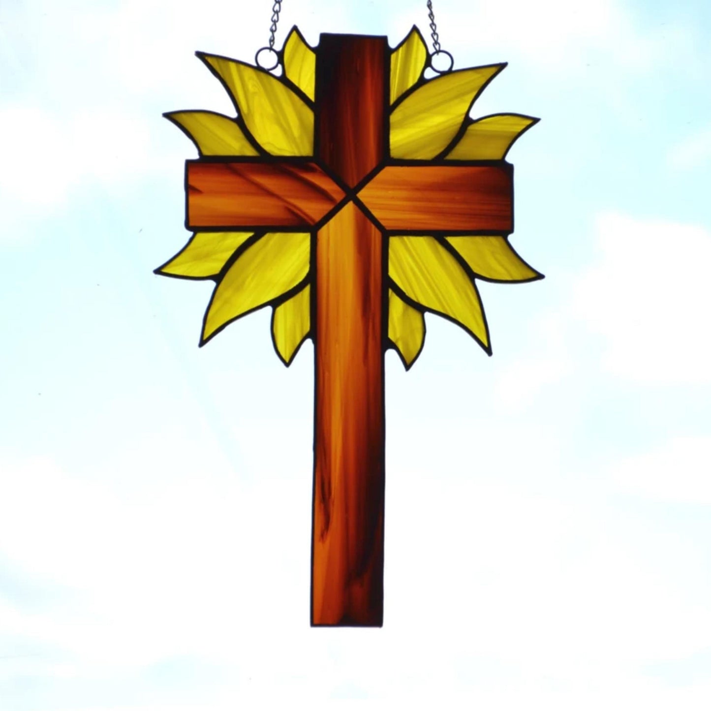 Decorative Cross with Yellow Rays Stained Glass Suncatcher