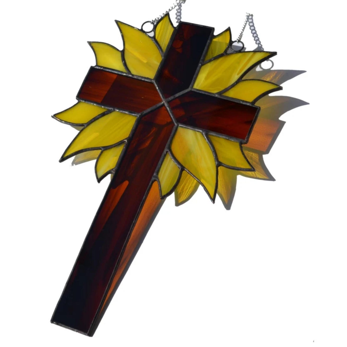 Decorative Cross with Yellow Rays Stained Glass Suncatcher