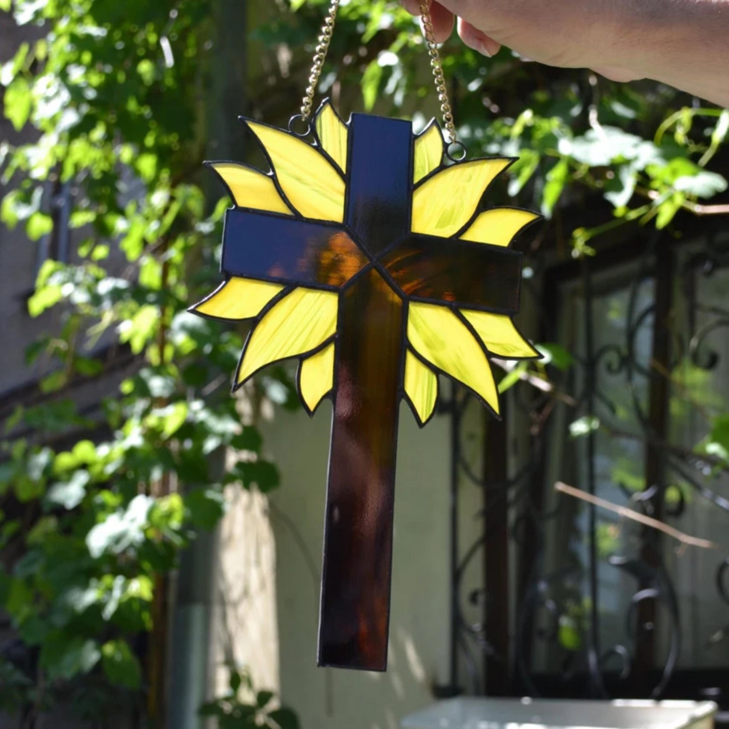 Decorative Cross with Yellow Rays Stained Glass Suncatcher