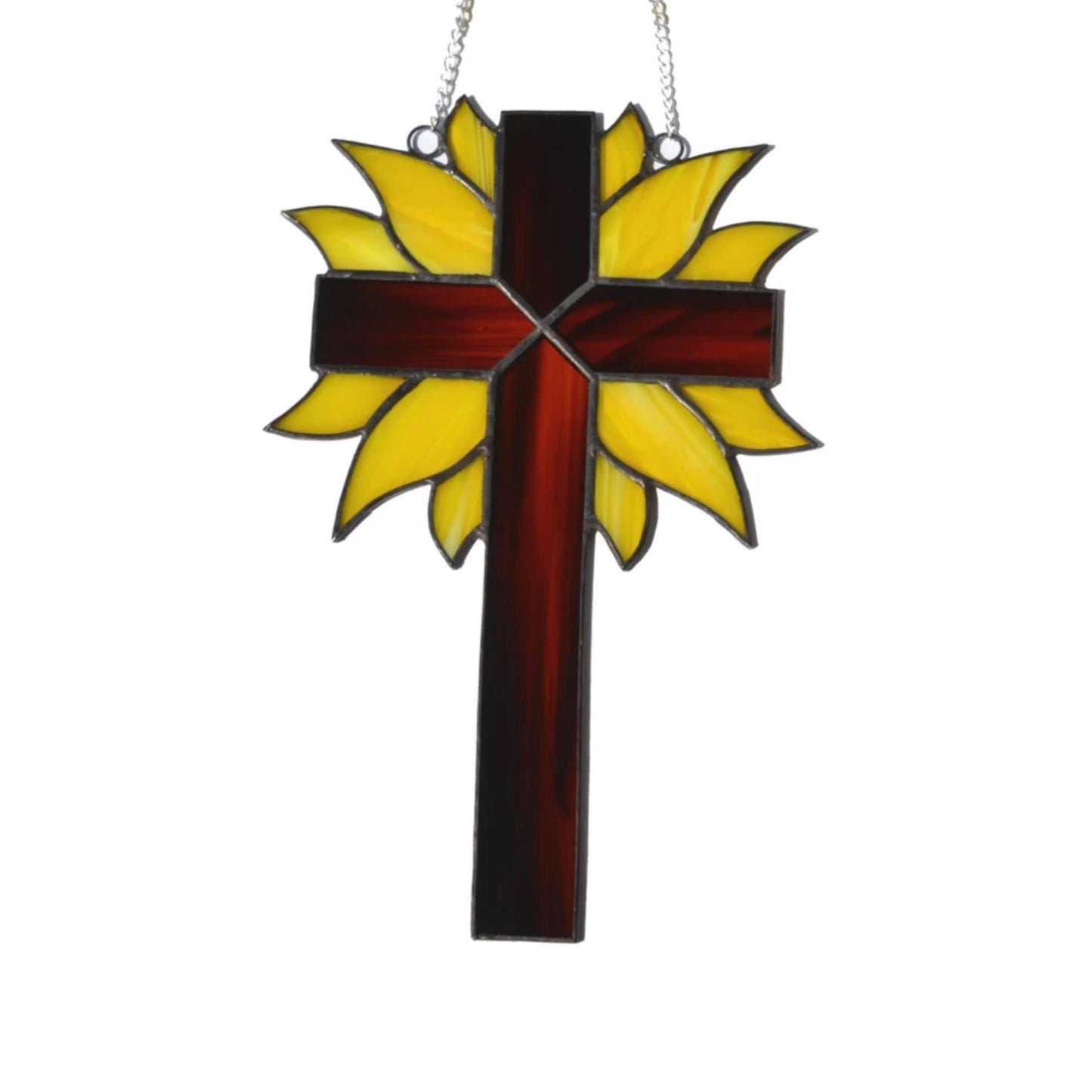 Decorative Cross with Yellow Rays Stained Glass Suncatcher