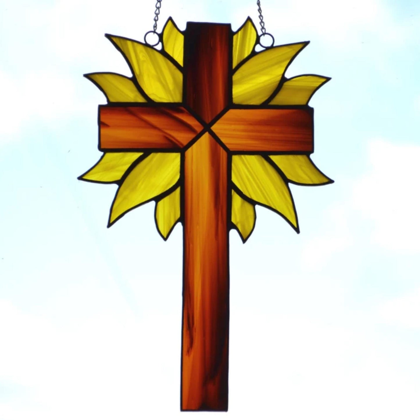 Decorative Cross with Yellow Rays Stained Glass Suncatcher