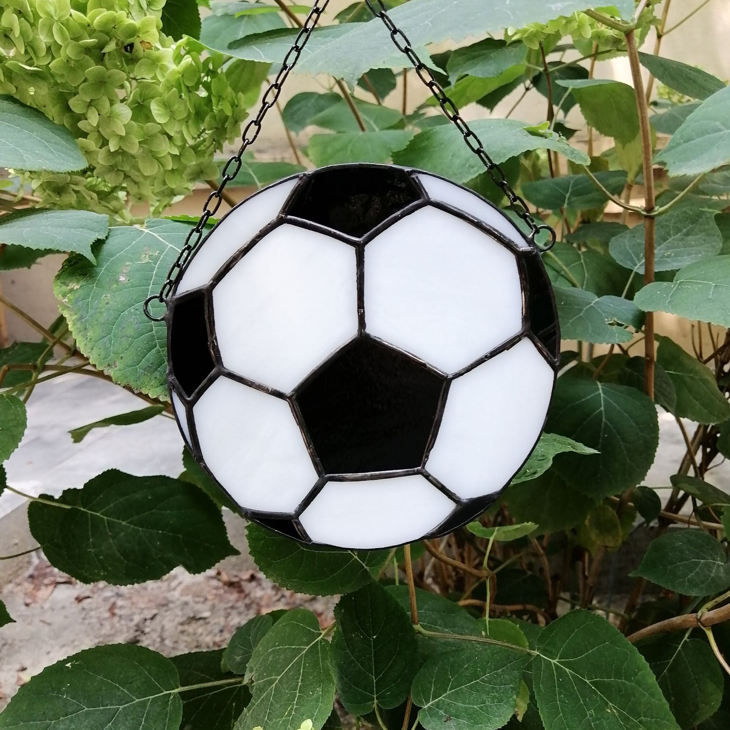 Black and White Soccer Ball Stained Glass Suncatcher