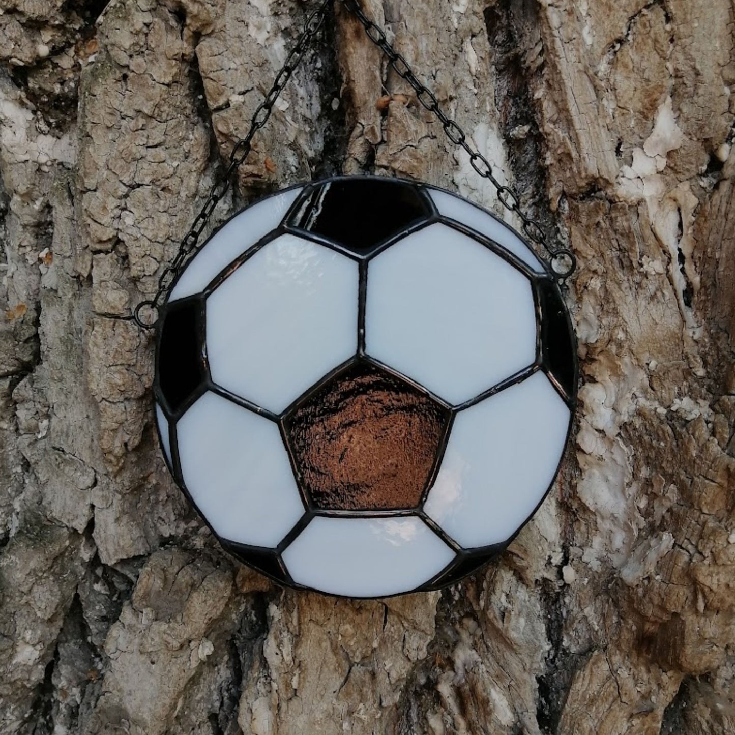 Black and White Soccer Ball Stained Glass Suncatcher