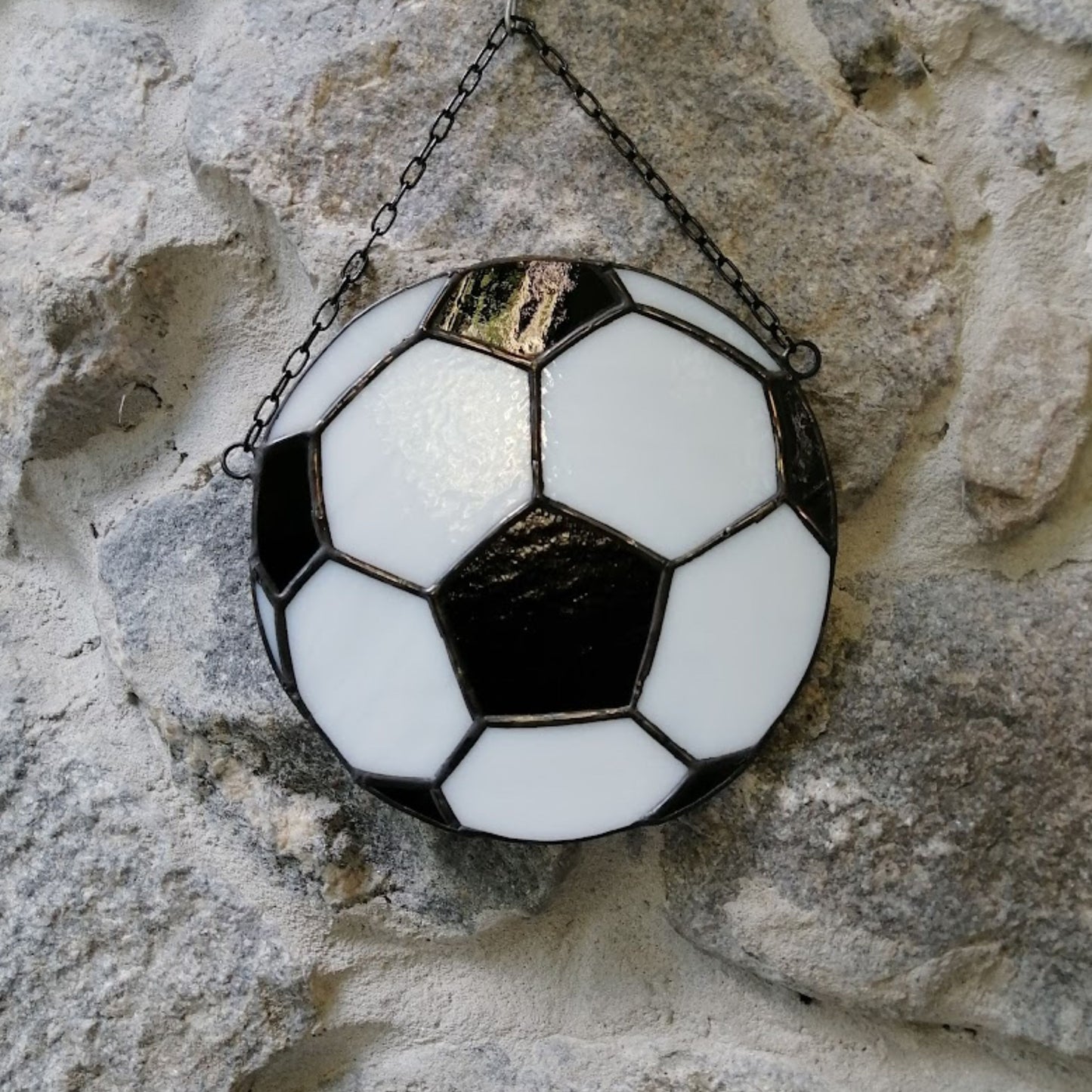 Black and White Soccer Ball Stained Glass Suncatcher