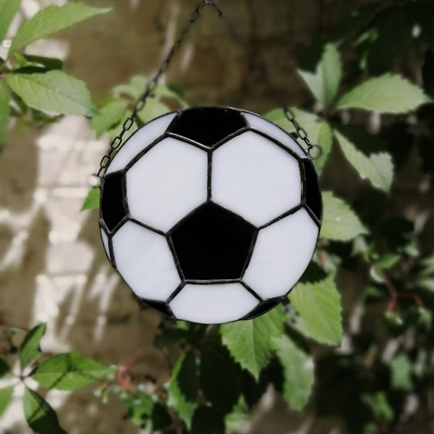 Black and White Soccer Ball Stained Glass Suncatcher