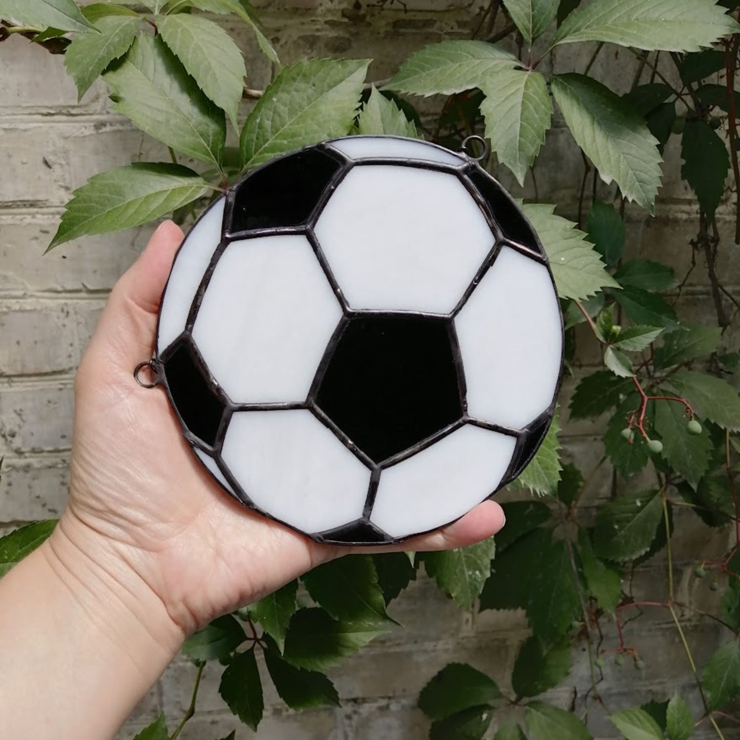 Black and White Soccer Ball Stained Glass Suncatcher