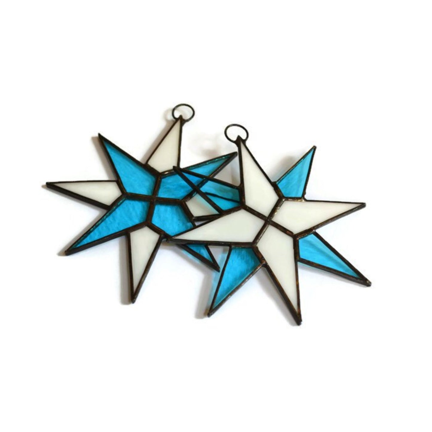 Christmas Star Stained Glass Ornaments Set of 2 Blue White