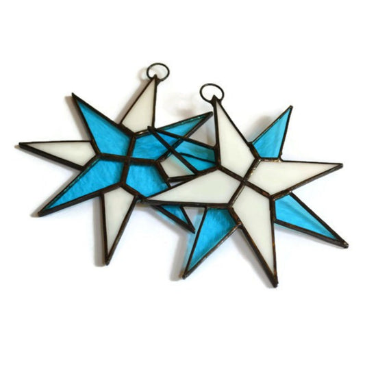 Christmas Star Stained Glass Ornaments Set of 2 Blue White